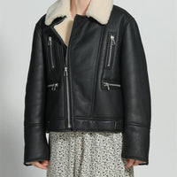 Turn Down Collar Genuine Sheepskin Real Leather Coat Zipper Winter Women Soft Shearling Fur Jacket Natalia Home Fashion    Natalia Home Fashion