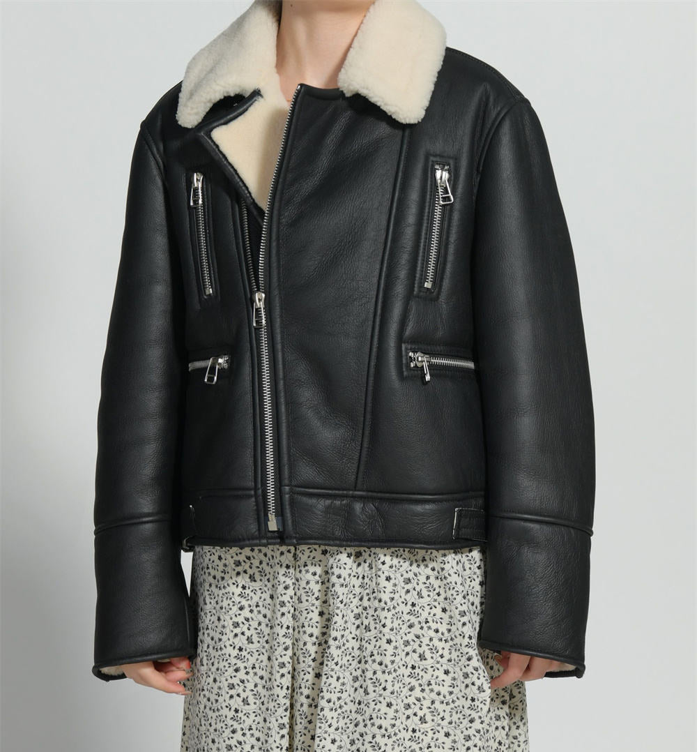 Turn Down Collar Genuine Sheepskin Real Leather Coat Zipper Winter Women Soft Shearling Fur Jacket Natalia Home Fashion    Natalia Home Fashion