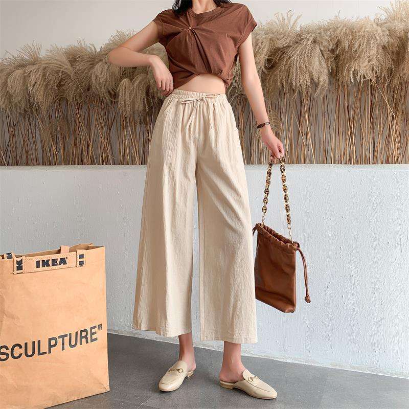 Casual Baggy Wide Leg Trousers Women Summer Thin Comfy Breathable Ankle Length Pants Vintage Loose Cotton Linen Straight Pants
