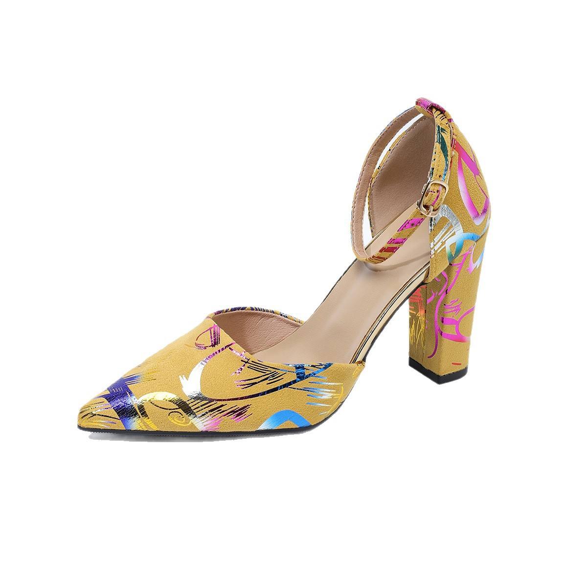 Fashion Women Sandals Pointy Toe Coarse Heel Hollow Single Shoes Fashion Glossy Print Shallow Mouth High Heels Shoes Natalia Home Fashion    Natalia Home Fashion