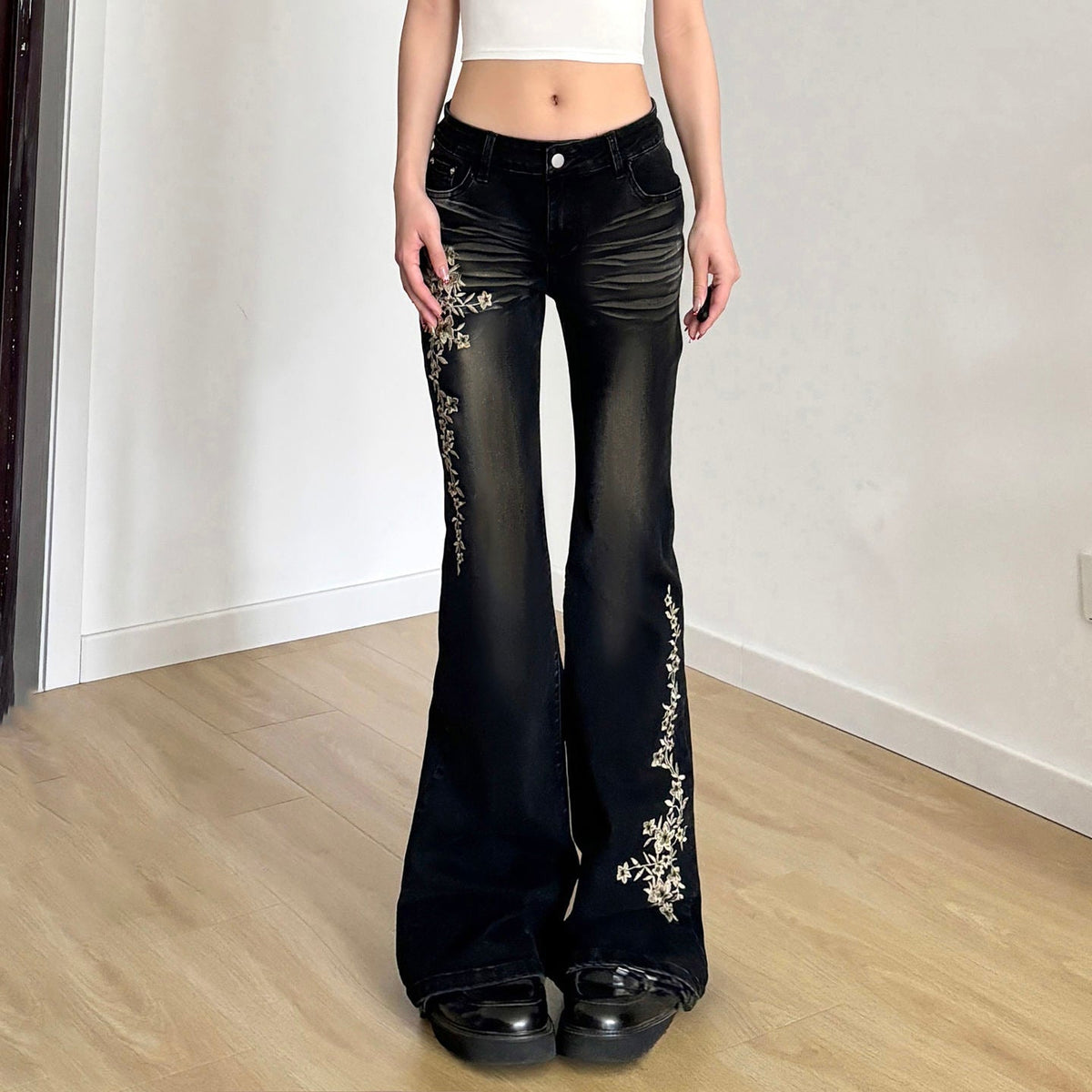 Embroidered Washed Old Jeans Women's Autumn Butterfly Slim-fitting and Thin Casual Micro-pull Pants Natalia Home Fashion    Natalia Home Fashion