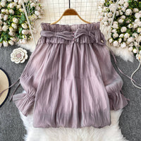 Off Shoulder Sweet Chiffon Top Long Sleeve Elastic French Style Solid Women Vacation Ruffles Loose Dresses