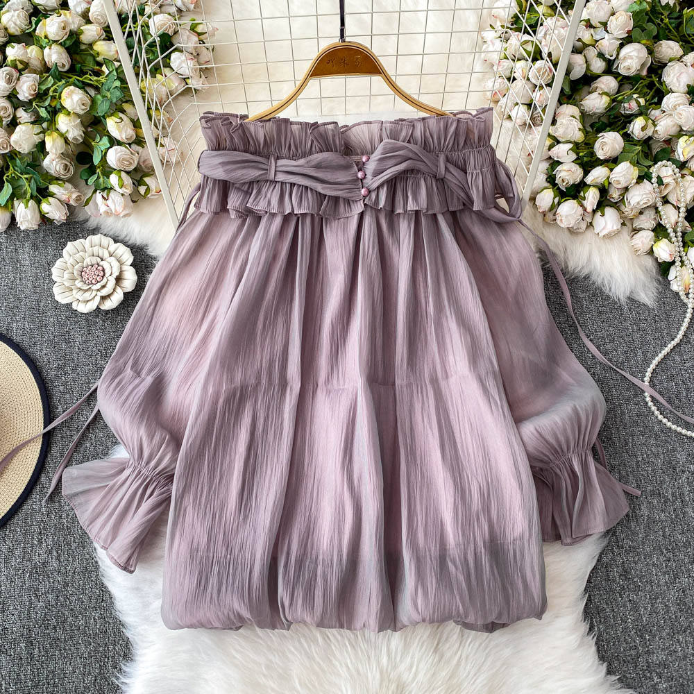 Off Shoulder Sweet Chiffon Top Long Sleeve Elastic French Style Solid Women Vacation Ruffles Loose Dresses
