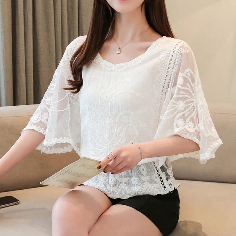 Loose Lace Blouse Women Butterfly Sleeve Chiffon Shirt Woman Fashion Casual Floral Shirt Tops