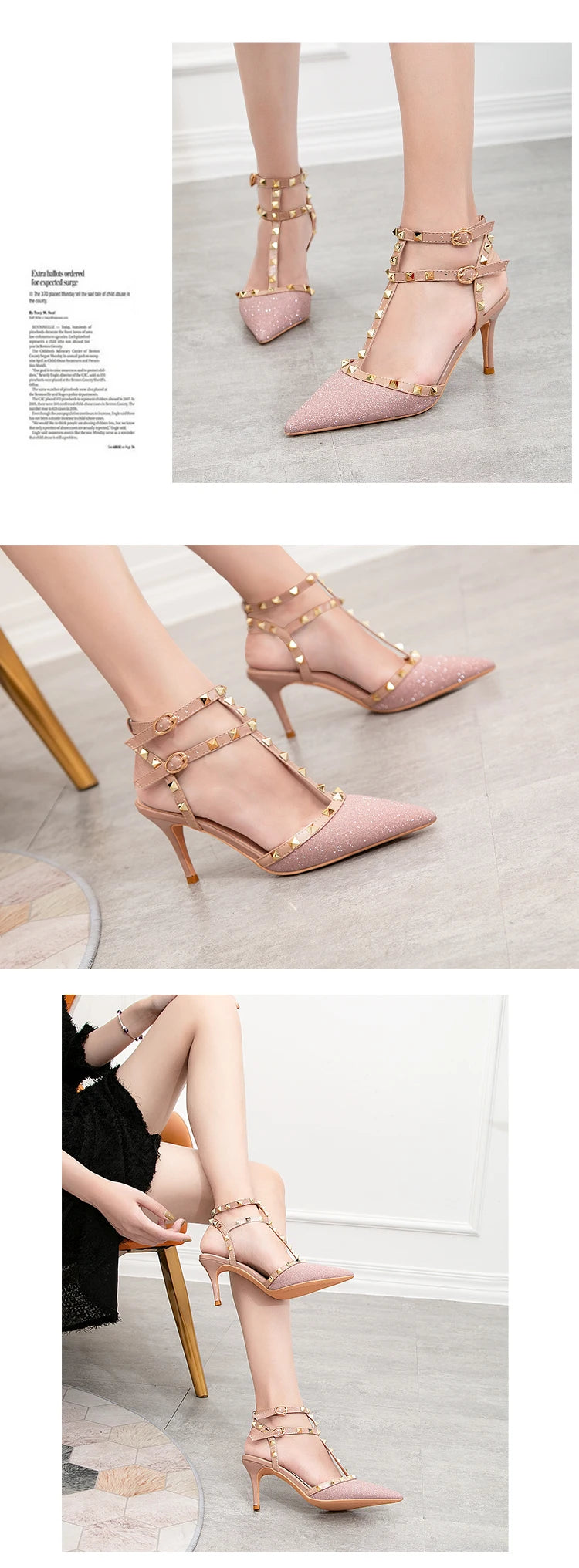 PUMPS High-heeled Shoes Female Pointed Stiletto Sexy Nightclub Word With Rivets Wild Sandals Female Summer