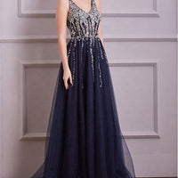 Evening Dress Luxury A-Line  Thin Straps Crystal Beaded Open Back formal Floor Length ball Gown Natalia Home Fashion    Natalia Home Fashion