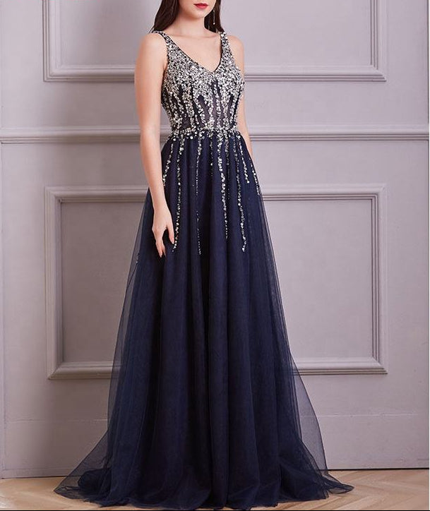 Evening Dress Luxury A-Line  Thin Straps Crystal Beaded Open Back formal Floor Length ball Gown Natalia Home Fashion    Natalia Home Fashion