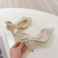 New Fashion Pearl Bowknot Mesh Pointed Toe White High Heels Sling back Sandal Sexy Back Buckle Strap Shoes Women Pumps