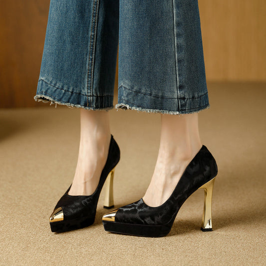 Fashion Women's Shoes Thin Block Heels 11cm Pointed Toe Shallow Mouth Ladies Pumps Party Shoes