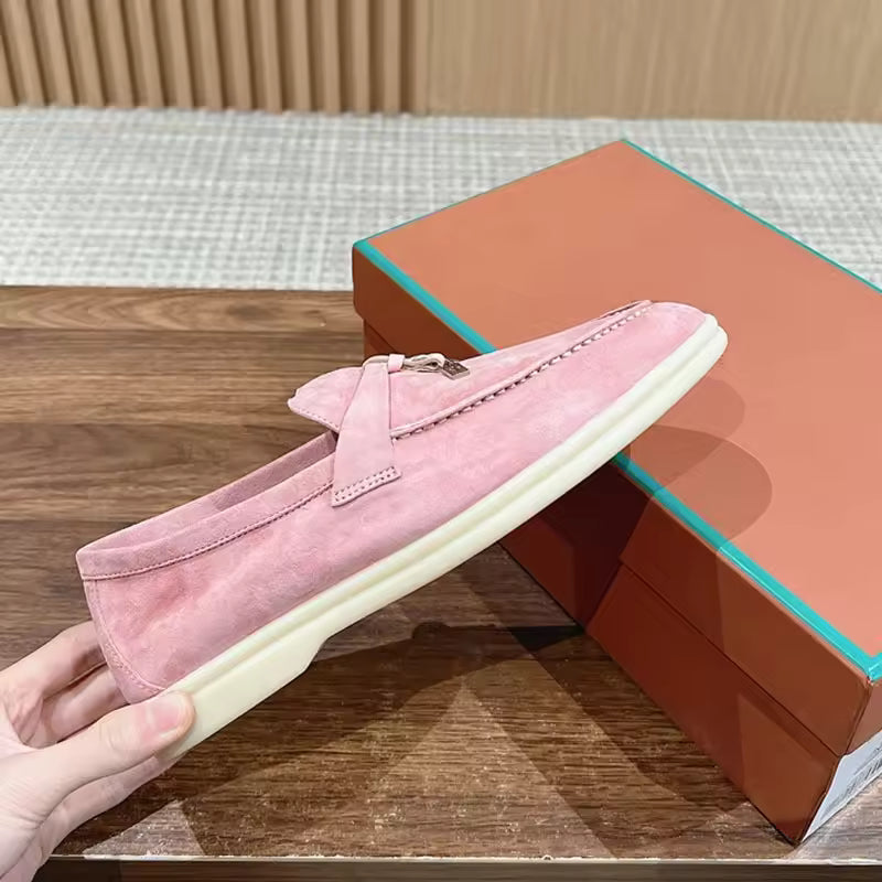 Summer Walk Moccasins Suede Loafers Shoes Women Spring Autumn Fashion Causal Leather Metal Pendant Flat Mules Shoes