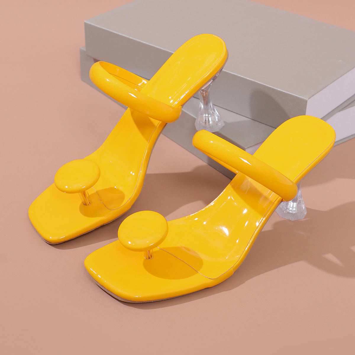 Women's Sandals summer fashion Transparent belt metal decoration box shaped square Alien heel high heels wearing sandals