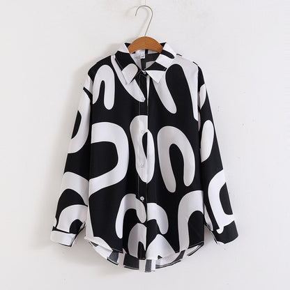 Elegant Casual Abstract Print Shirt for Women Turn-down Collar long Sleeve Loose Slimming Versatile Blouse