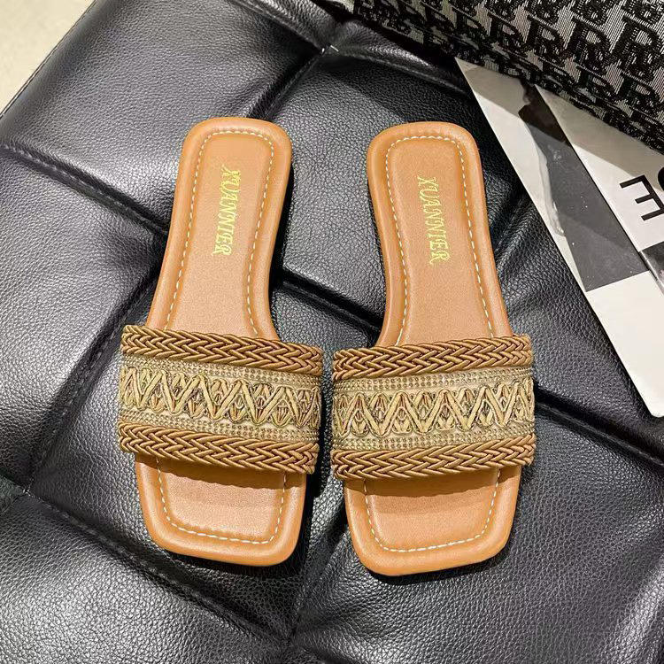 Fashion Women's Slippers Versatile Straw Woven Retro Flat Sandals Ethnic Casual Classic Flip Flops