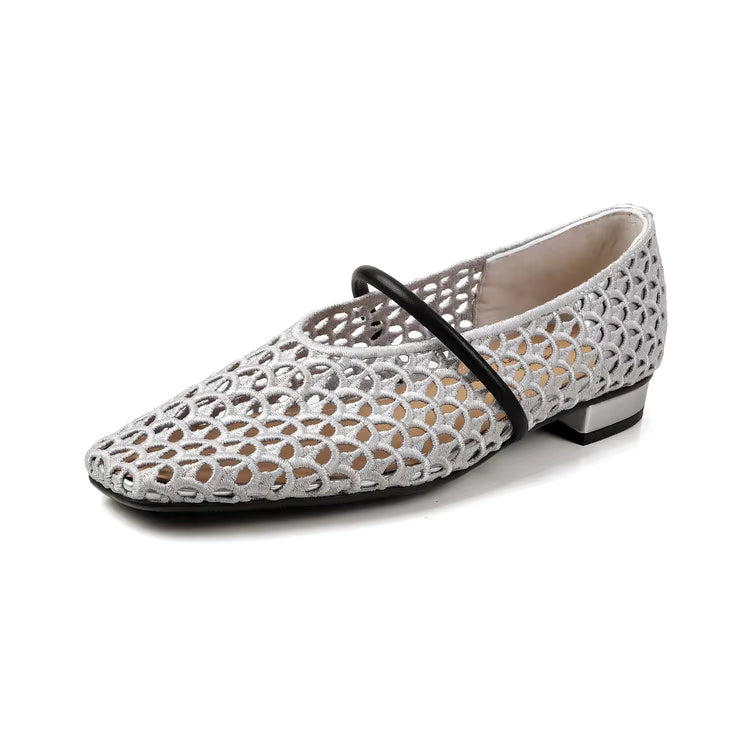 Round Toe Mary Jane Shoes Leather Grape Pattern Retro Style Hollow Weave Upper Low Heel Slip-On Retro Flats