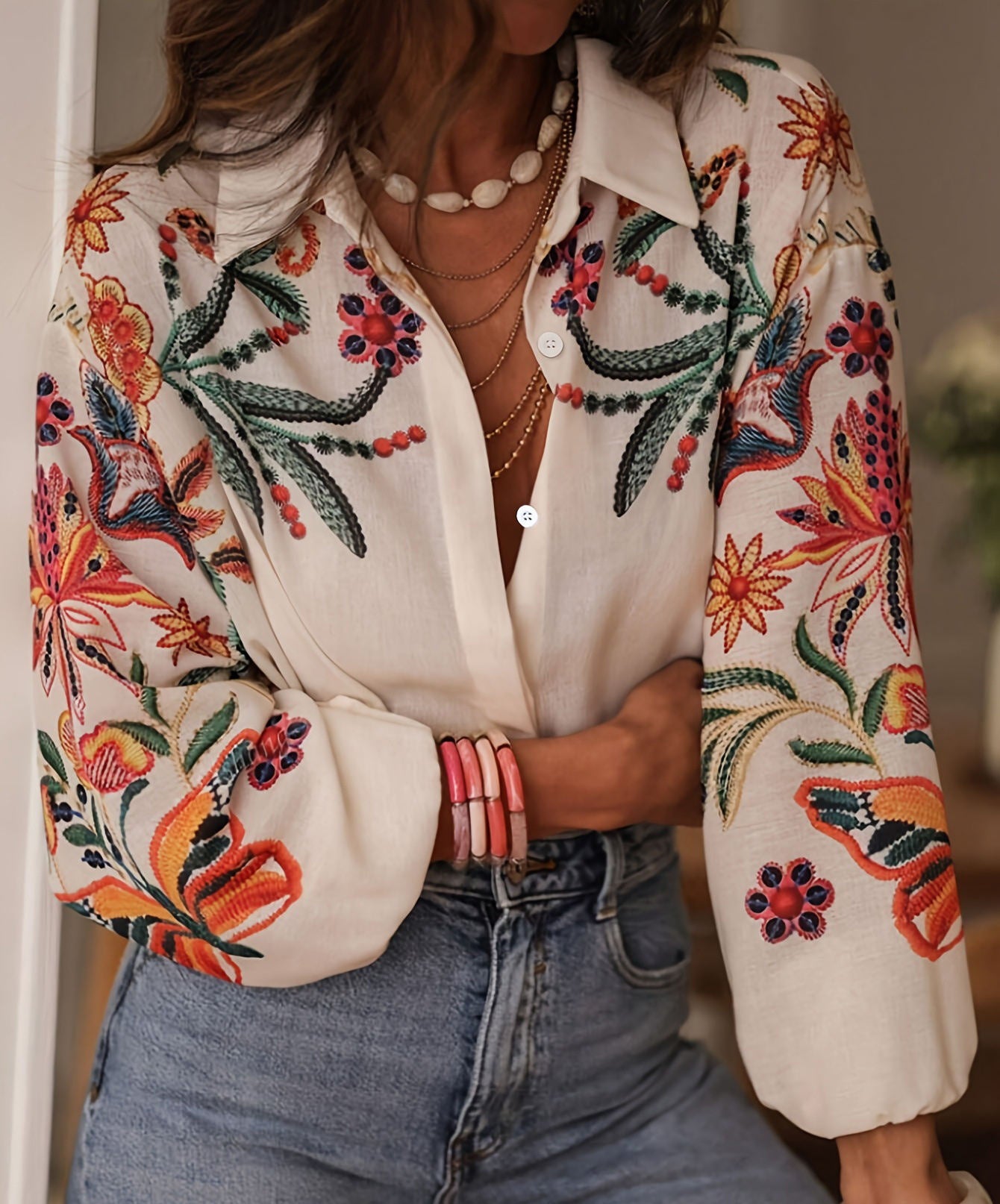 Women's Printed Shirt Long Sleeve Loose Button Cardigan Top Trendy Fashion Casual Blouses for Female