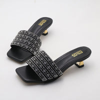 Low Heel Slippers Elegant Lady Square Toe Sandals Luxury Rhinestone High Heels Mules  Slip-on Women Shoes - Natalia Home Fashion
