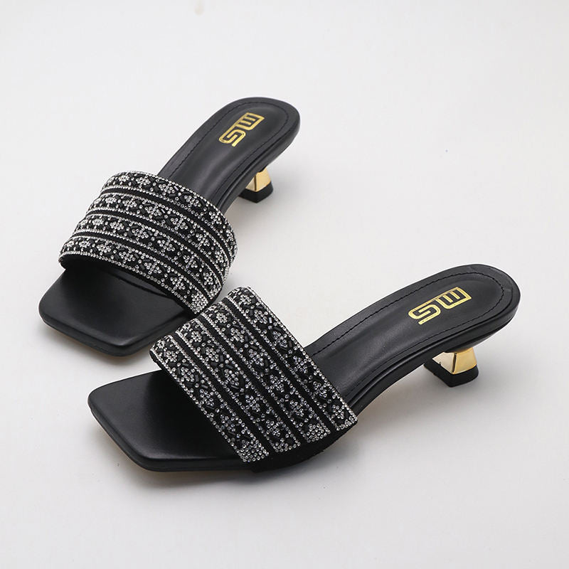 Low Heel Slippers Elegant Lady Square Toe Sandals Luxury Rhinestone High Heels Mules  Slip-on Women Shoes - Natalia Home Fashion