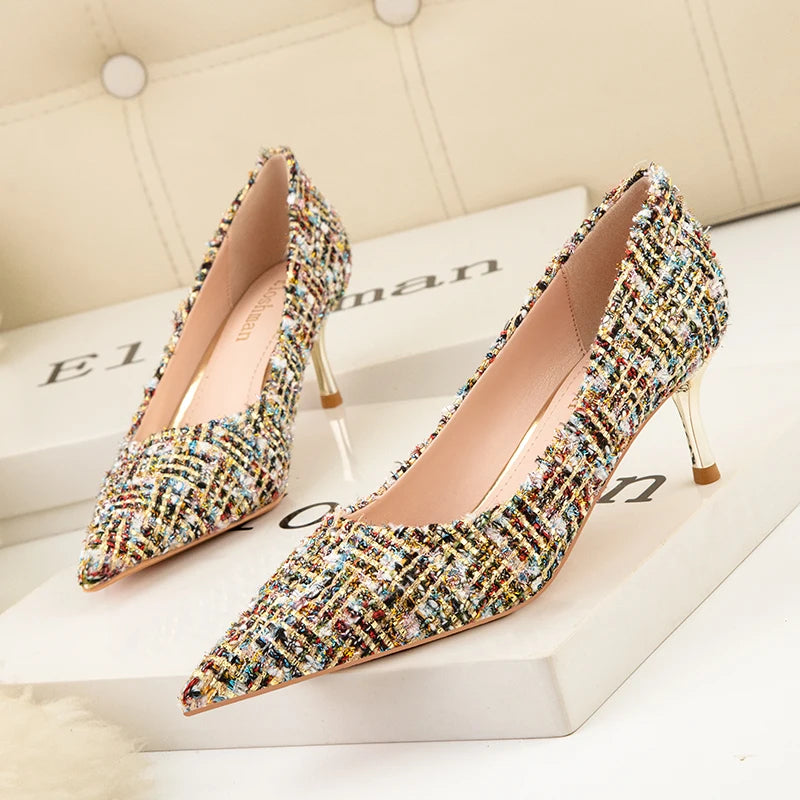 Simple Style New Fashion Sexy Wild Stiletto Metal Heels Pointed Toe Shallow Slim Bling Wedding Women Dress Pumps Shoes