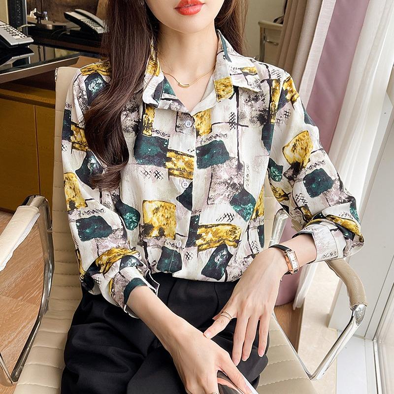 Print Lady Blouse Buttons Long Sleeve Sateen Shirt Elegant Fashion All-match Blouse Top Women