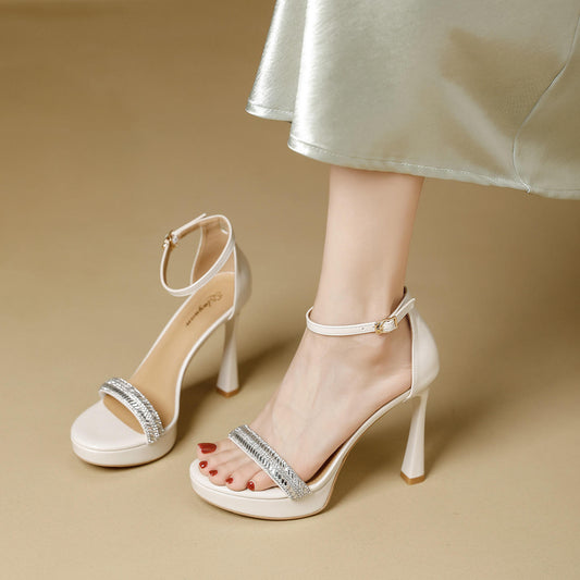 Suede Women's Sandals Thin Heels 9cm Ankle Buckle Rhinestone Straight Straps Cover Heel Ladies Pumps Dress Shoes