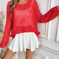 Star Shaped Hollow out Knitted Long Sleeve Crew Neck Pullover Top for Women Comfortable Breathable Soft Material