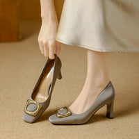 Basic Shallow Square Toe Women Pumps High Quality PU Leather Matte Thick Heel Office Shoes Woman Maroon 7CM High Heels