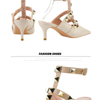 Female Rivets T-strap Sandals Pointy Toe Soft Leather Sexy Women Shoes Comfort 6CM High Heels Ladies Work Dress Shoe