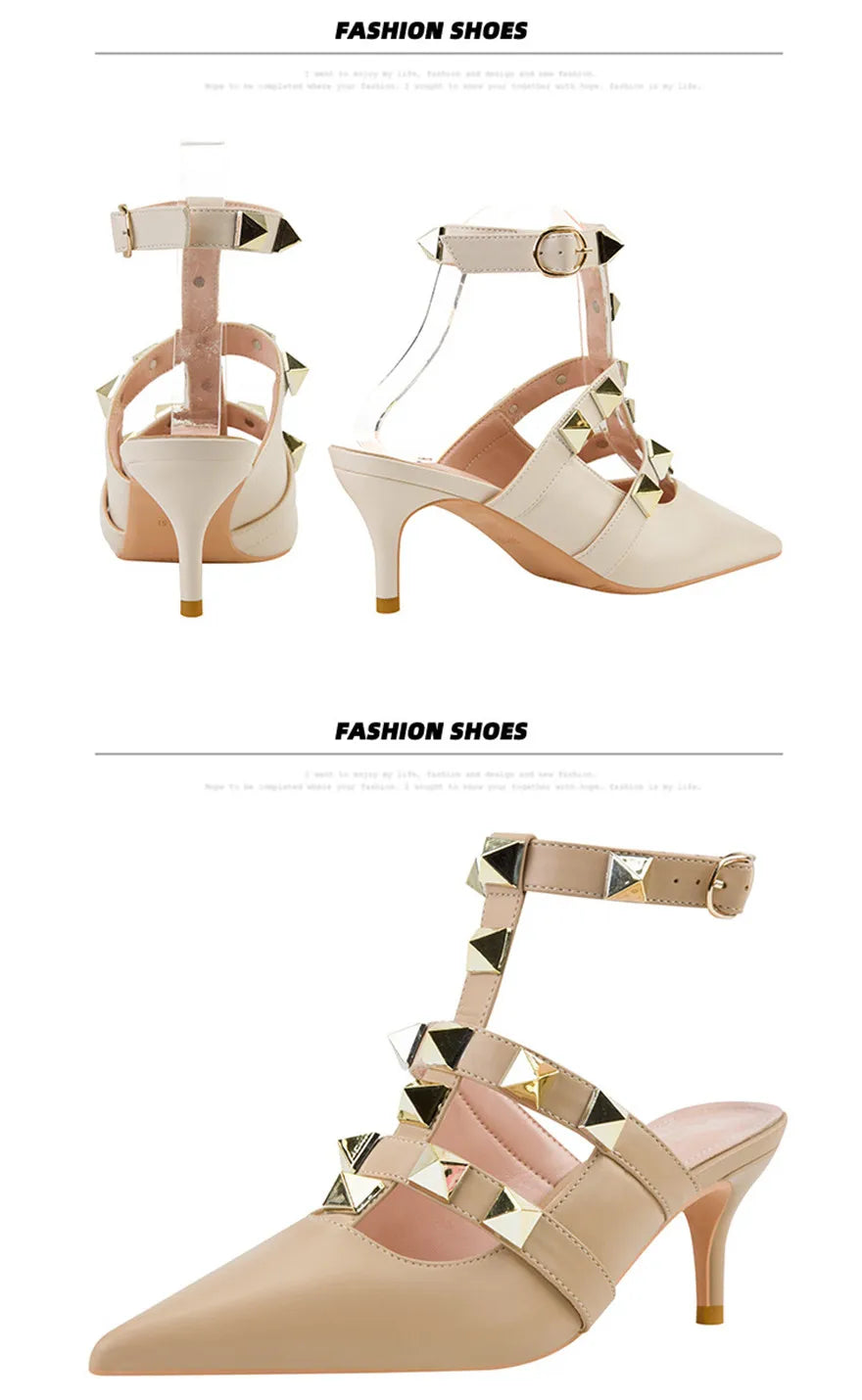 Female Rivets T-strap Sandals Pointy Toe Soft Leather Sexy Women Shoes Comfort 6CM High Heels Ladies Work Dress Shoe