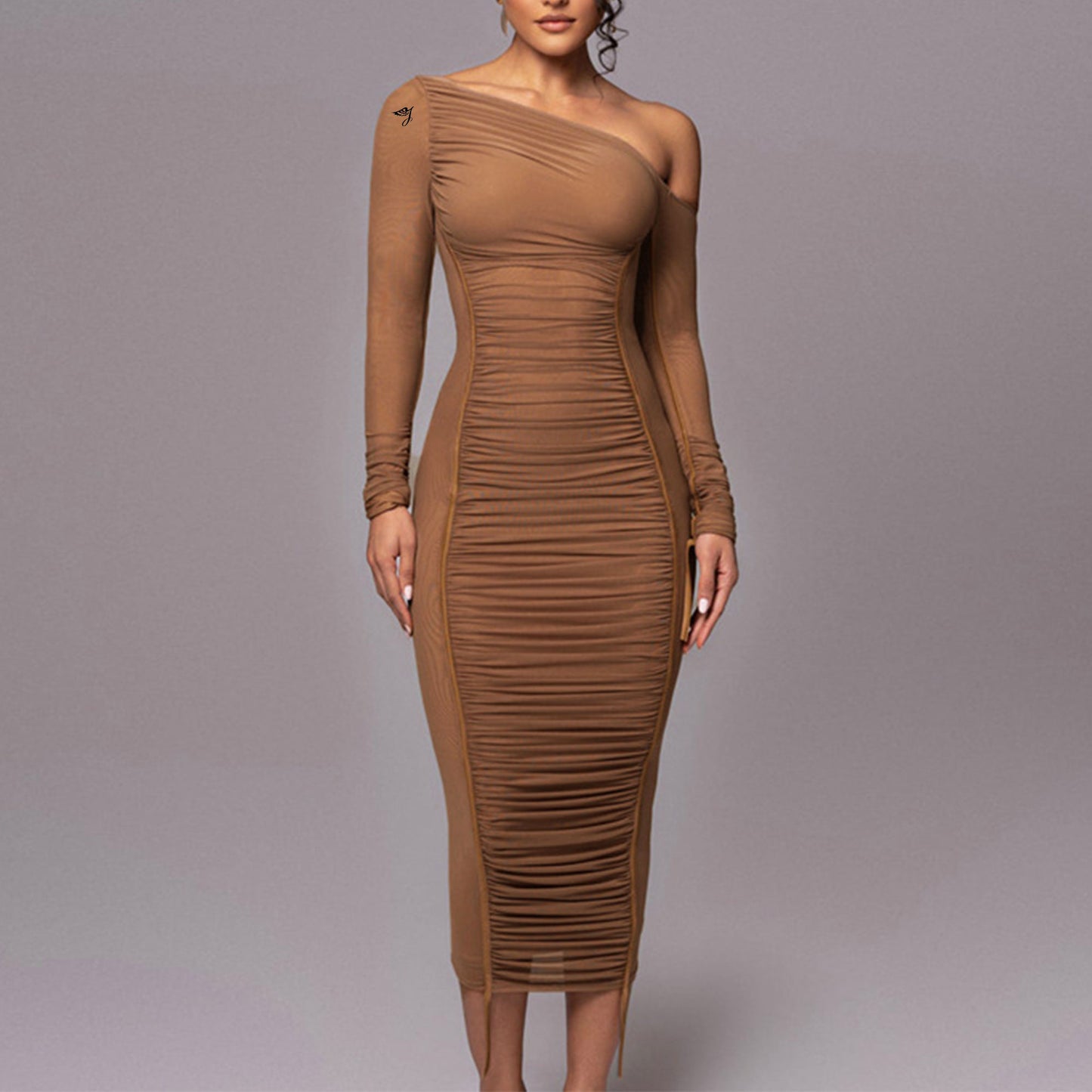 Women Two Layer Mesh Backless Ruched bodycon dress Club Party Sexy Long Dress Diagonal Collar Long Sleeve Midi Dress