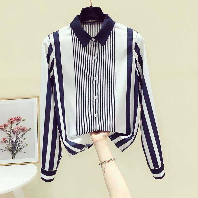 Office Lady Turn-down Collar Straight Loose Button Dress Shirts Blue Striped Long Sleeve Blouses Spring Thin Women's Clothing