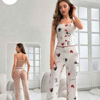 Women's 2-piece printed sleepwear semi transparent mesh casual printed vest elastic waist pants summer transparent mesh Pajama Suit
