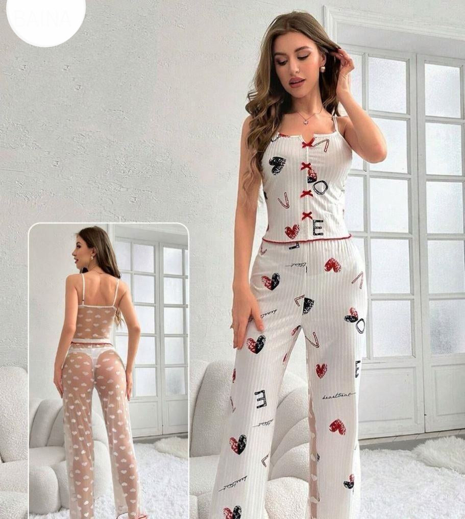 Women's 2-piece printed sleepwear semi transparent mesh casual printed vest elastic waist pants summer transparent mesh Pajama Suit