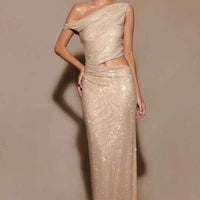 Fashion Water Diamond Slanted Shoulder Hollowed Out Sparkling Party Dress Women's Ankle-length Dresses