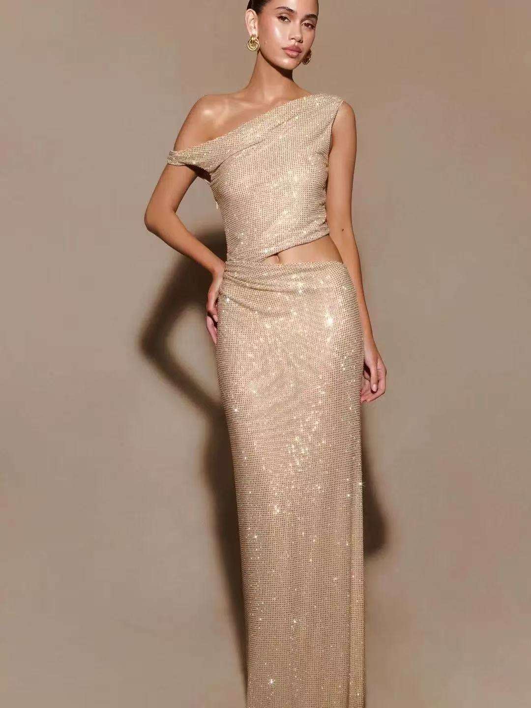 Fashion Water Diamond Slanted Shoulder Hollowed Out Sparkling Party Dress Women's Ankle-length Dresses