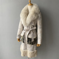 Genuine Sheep Shearling Trench Coat Fluffy Big Real Fox Fur Collar Winter Long Natural Leather Coat for Women Natalia Home Fashion    Natalia Home Fashion