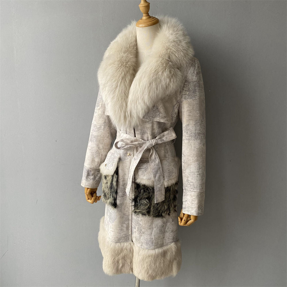 Genuine Sheep Shearling Trench Coat Fluffy Big Real Fox Fur Collar Winter Long Natural Leather Coat for Women Natalia Home Fashion    Natalia Home Fashion