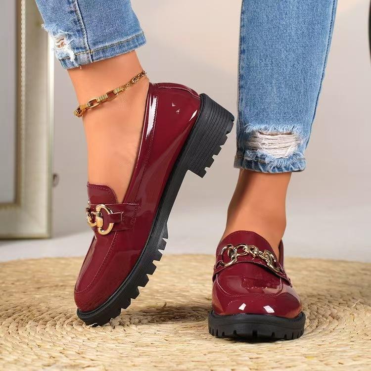 Women's Mary Jane Platform Shoes Round  Head Spring New Metal Chain Casual Soft Patent Leather Slip on Loafers