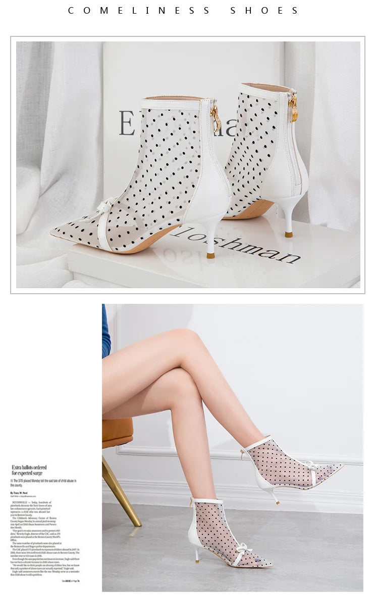 Fashion Women Ankle Boots Pointed Toe Short Pointed Toe Bow Design Thin Low Heels Back Zipper Fashion Boots Air Mesh Boots