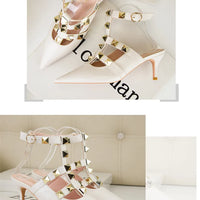 Female Rivets T-strap Sandals Pointy Toe Soft Leather Sexy Women Shoes Comfort 6CM High Heels Ladies Work Dress Shoe