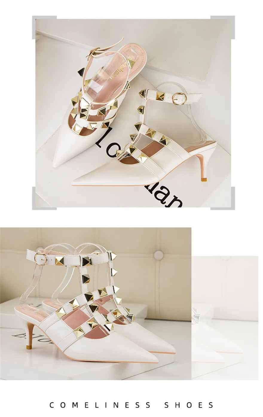 Female Rivets T-strap Sandals Pointy Toe Soft Leather Sexy Women Shoes Comfort 6CM High Heels Ladies Work Dress Shoe