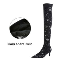 Women Fashion Crystal Sock Boots Stretch Flock Over The Knee Long Boots Pointed Toe Zipper High Heels Woman Shoes Natalia Home Fashion    Natalia Home Fashion