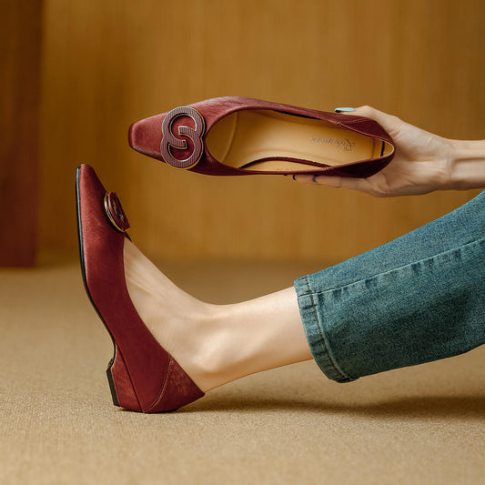French Pointed Toe Ballerina  Style Slip-On Women's Shoes big buckle Embellished
