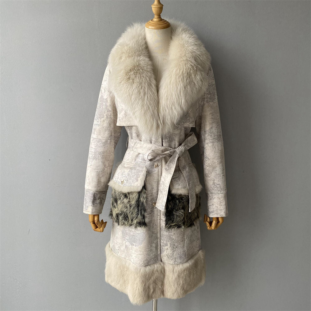 Genuine Sheep Shearling Trench Coat Fluffy Big Real Fox Fur Collar Winter Long Natural Leather Coat for Women Natalia Home Fashion    Natalia Home Fashion