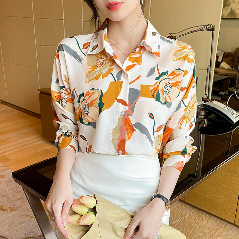 Vintage Style for Women Long Sleeve Flower Printed Spring Autumn semi formal Style Elegant Single Breasted Shirt