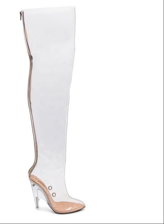 Sexy Transparent PVC High Heels Thigh Boots Pointed Toe Crystal Heels Women Clear Over The Knee Runway Stage Boots