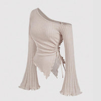 Fashion Slant Shoulder Street Personalized Style Spicy Girl Irregular Tie Rope Long Sleeve Slimming T-shirt Women's Wear