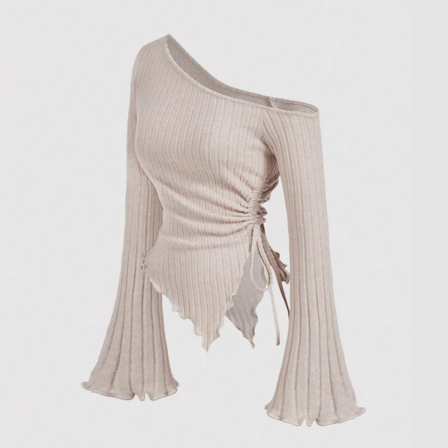 Fashion Slant Shoulder Street Personalized Style Spicy Girl Irregular Tie Rope Long Sleeve Slimming T-shirt Women's Wear