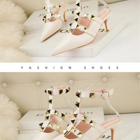 Female Rivets T-strap Sandals Pointy Toe Soft Leather Sexy Women Shoes Comfort 6CM High Heels Ladies Work Dress Shoe