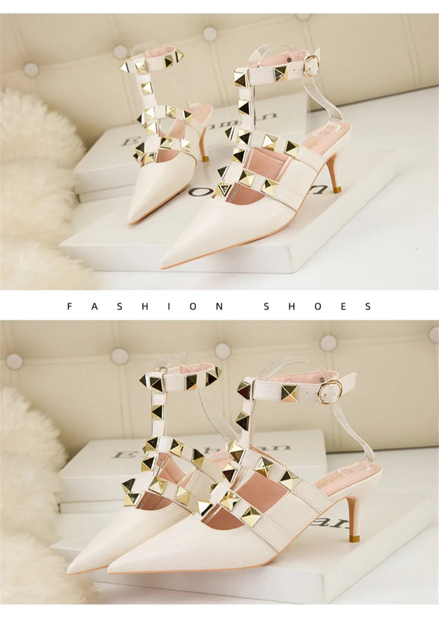 Female Rivets T-strap Sandals Pointy Toe Soft Leather Sexy Women Shoes Comfort 6CM High Heels Ladies Work Dress Shoe