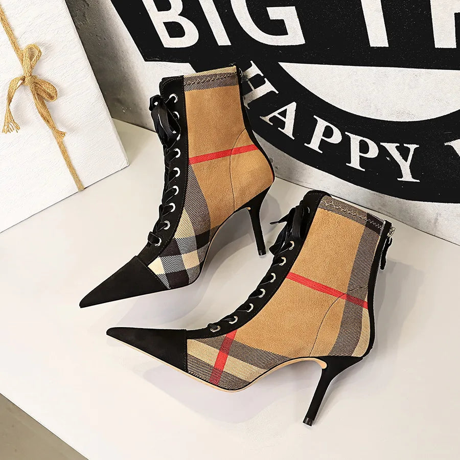 Ankle Women Boots Fashion Slim Heel High Heel Pointed Plaid Plaid Lace up Fashion Cross Strapping Boots